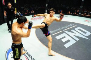 Peter Davis delivers a brutal kick in his ONE FC clash with Quek Kim Hock.